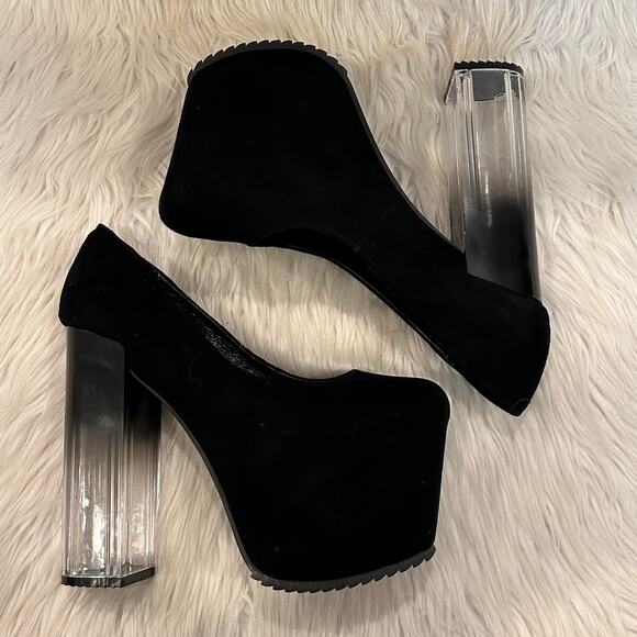 UNIF Vapor Heels Suede Leather Platform Block Ombre Clear Heel Pumps, Black - Picture 8 of 11